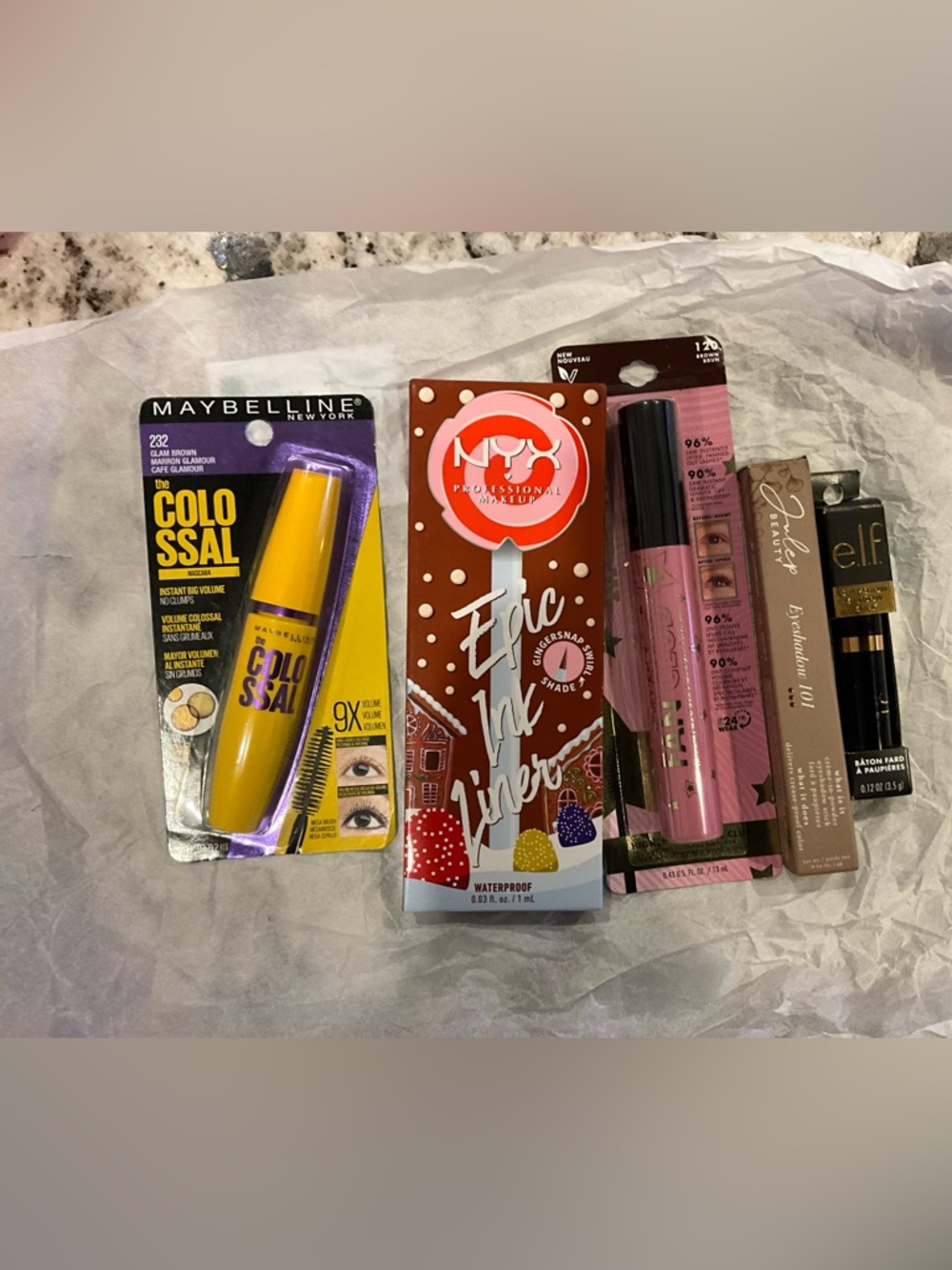 Maybelline, elf, NYX, mascaras, eyeliner and eyeshadow